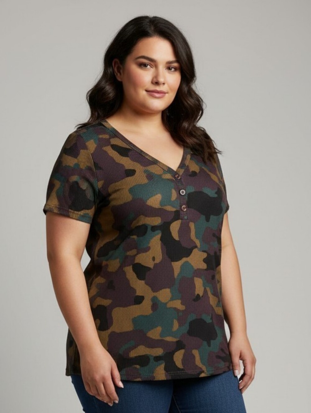 Women's Camo Ribbed V-Neck Short Sleeve Tee